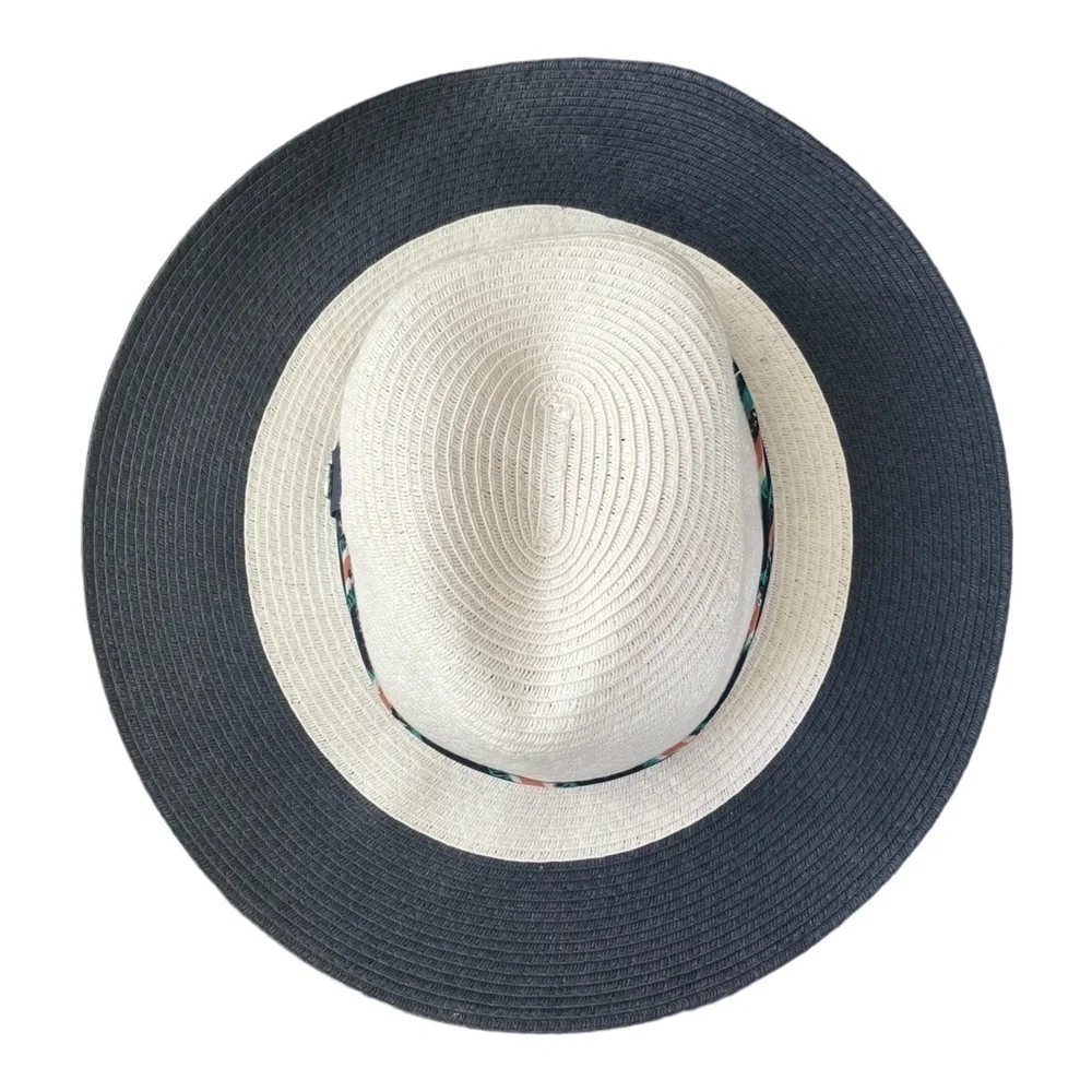 John Callanan Wide Brim Sun Hat Ivory Navy Toyo Straw Floppy One Size